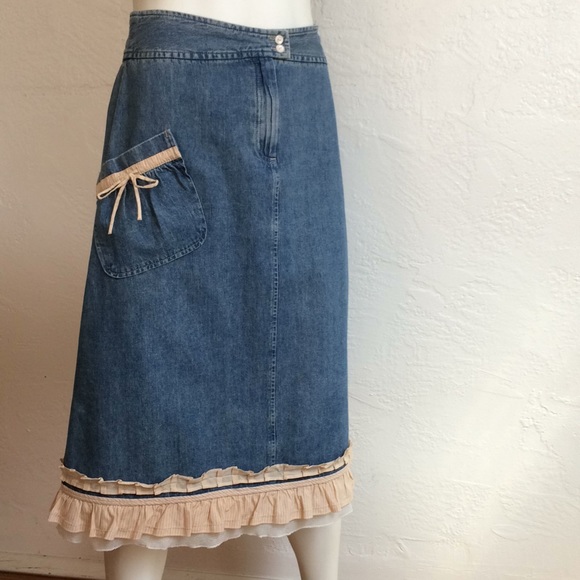 J.Jill Denim a-line midi with ruffles and trim..vintage look - Picture 1 of 8